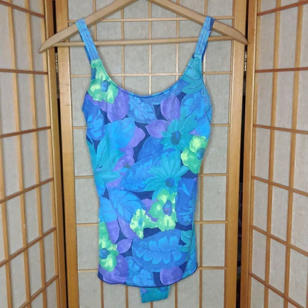 Basic Editions Women's Floral Faux Tankini One Piece Swimwear Blue & Purple